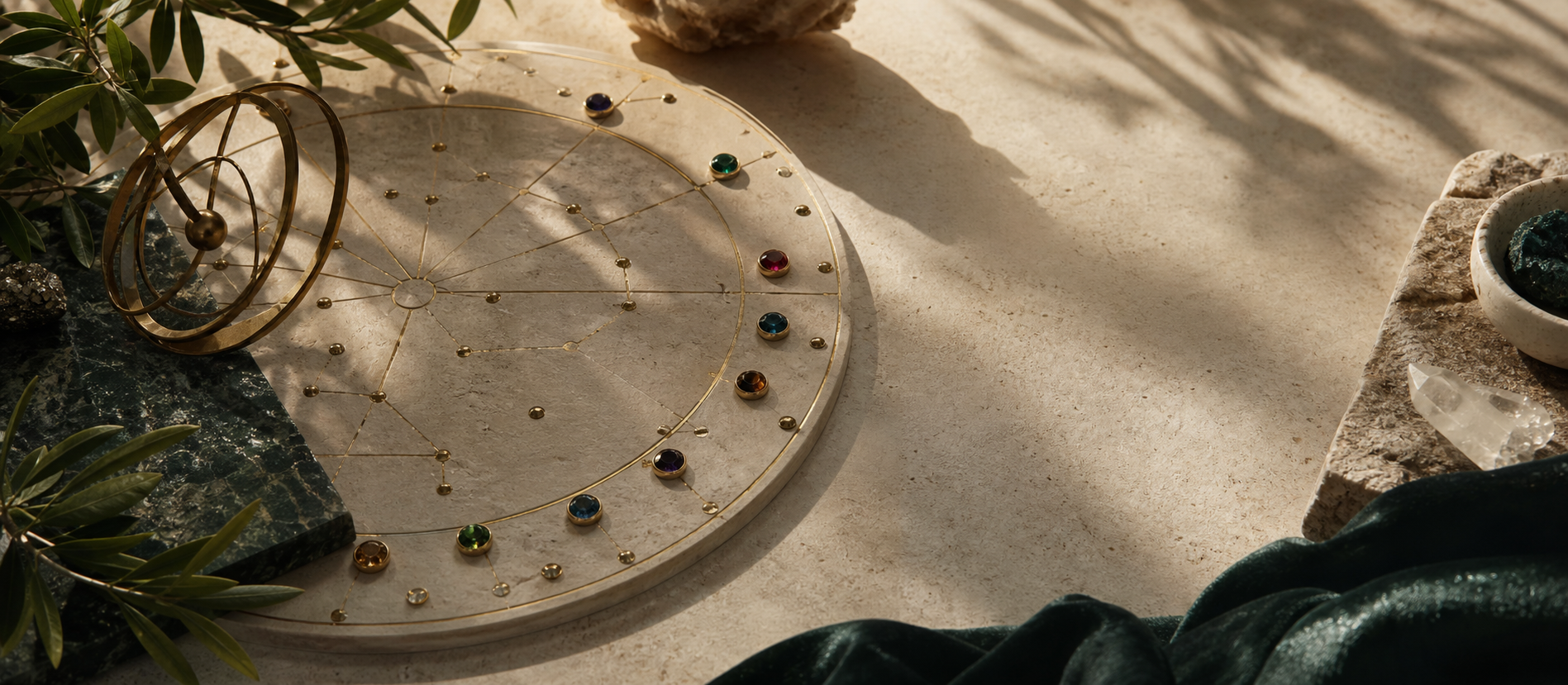 Composición editorial inspirada en piedras naturales y signos zodiacales FACET